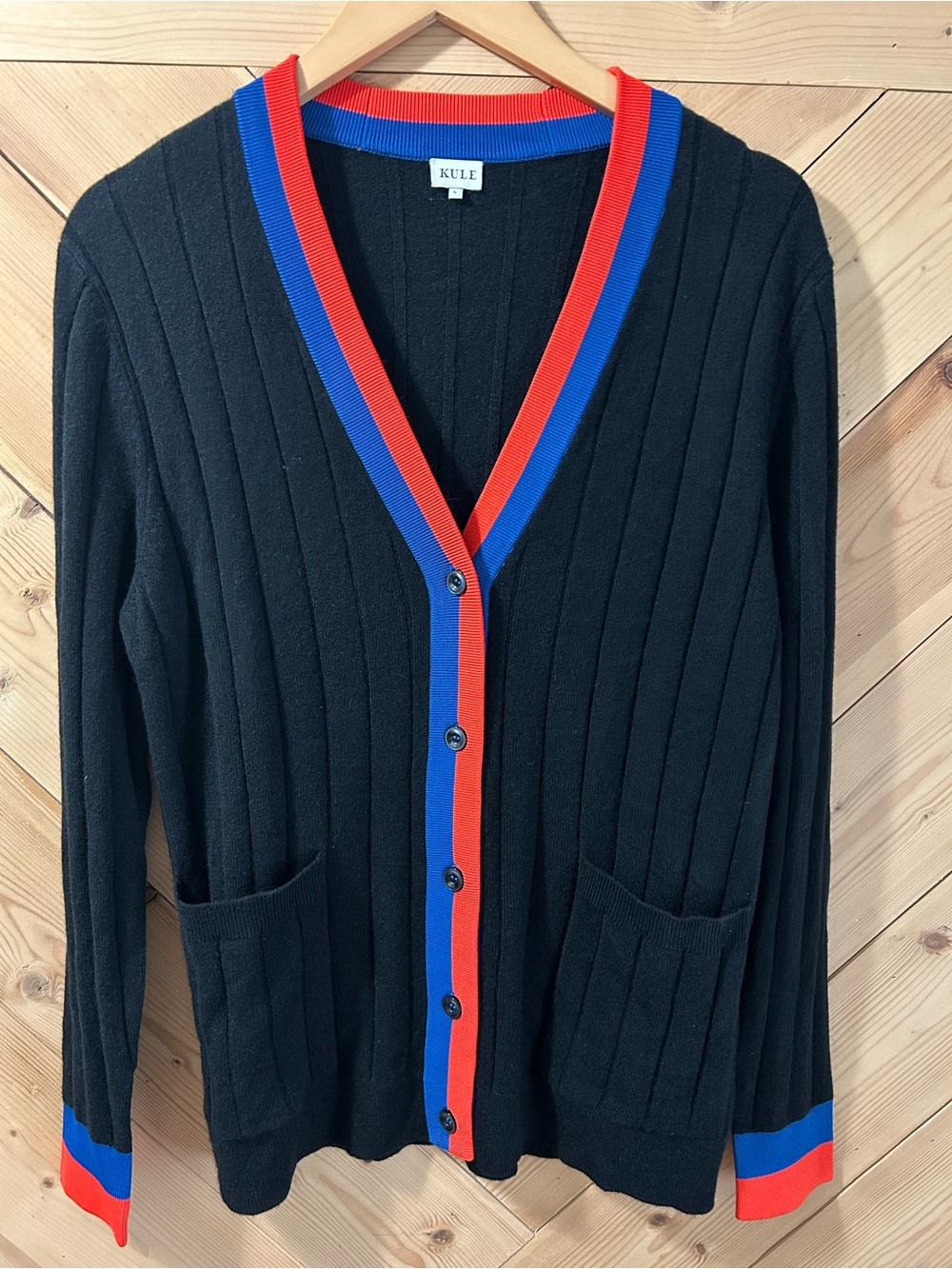 KULE Black Ribbed Cardigan with Red & Blue Trim NWOT